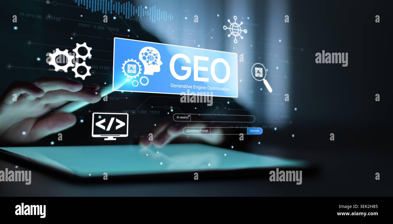 GEO Generative Optimization Interface with AI Search Prompt Automation Analytics and Interactive Tablet Stylus Digital Platform System Technology. Stock Photo