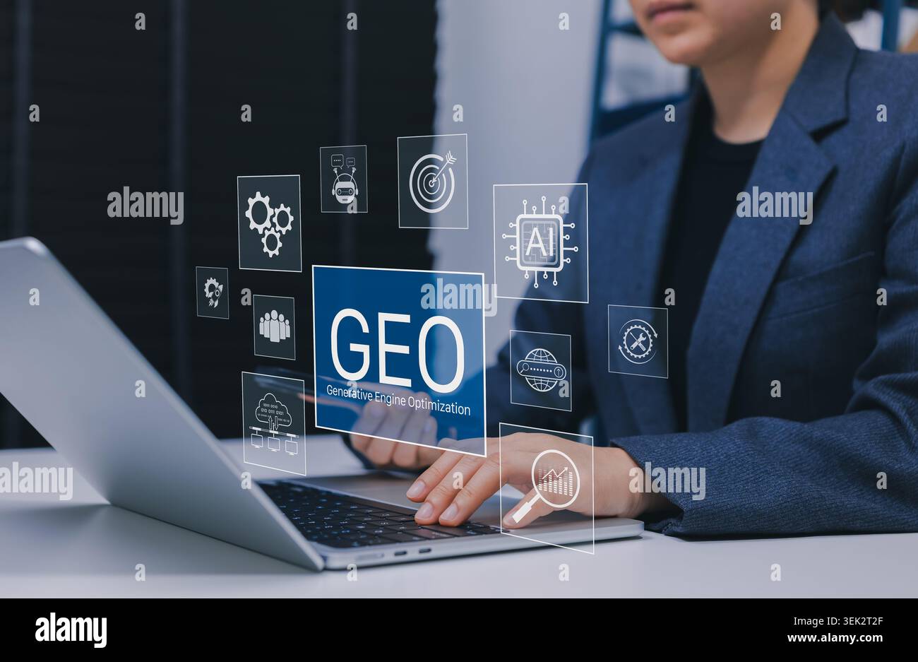 GEO generative engine optimization and AI search strategy concept. Person using laptop with GEO panel, AI chip, target, analytics, chatbot, cloud data Stock Photo