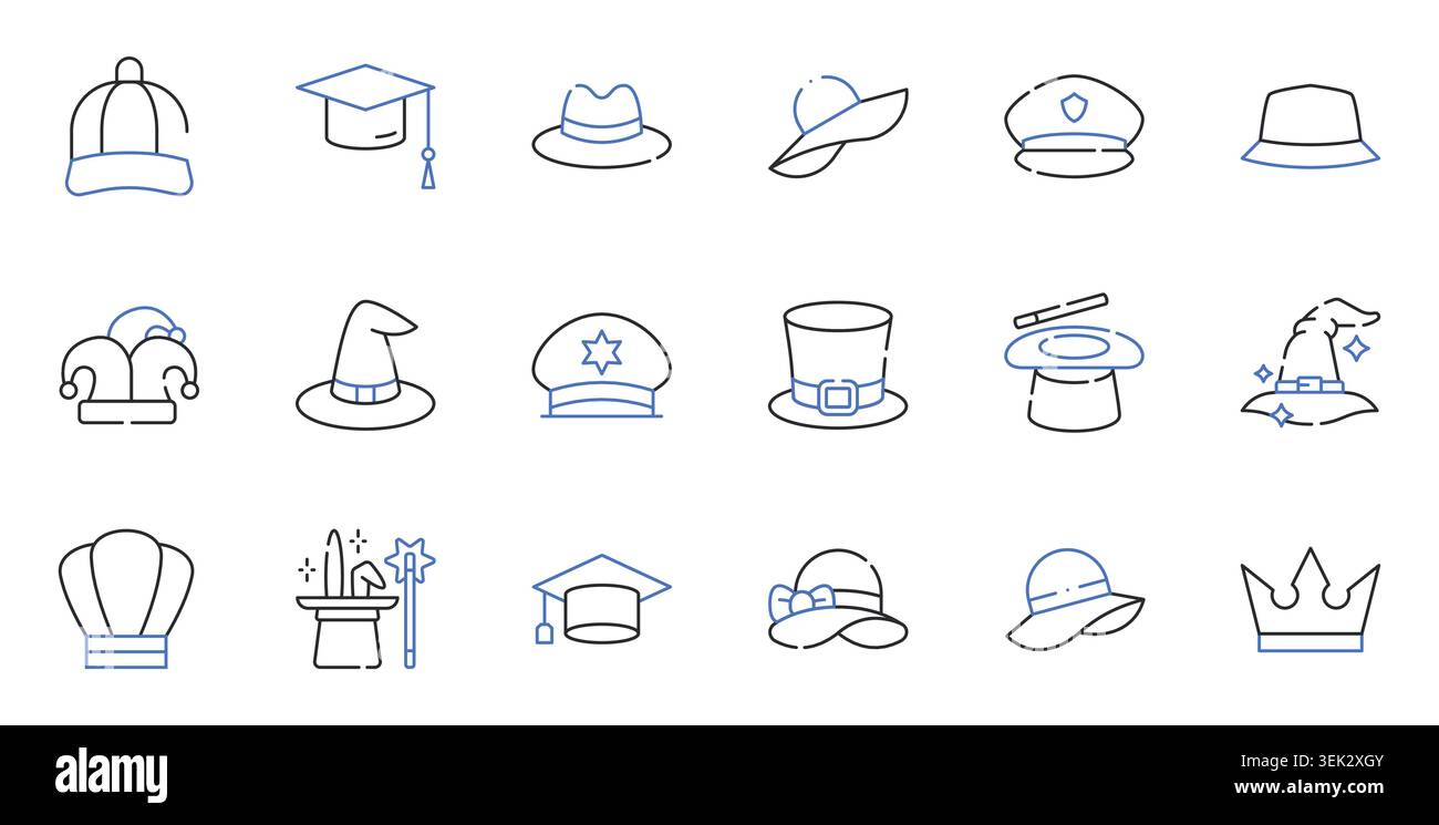 Hat and Headwear Line Icons Set Graduation Cap, Baseball Cap, Fedora, Wizard Hat, Police Hat, Crown Editable Stroke Vector Illustration Stock Vector