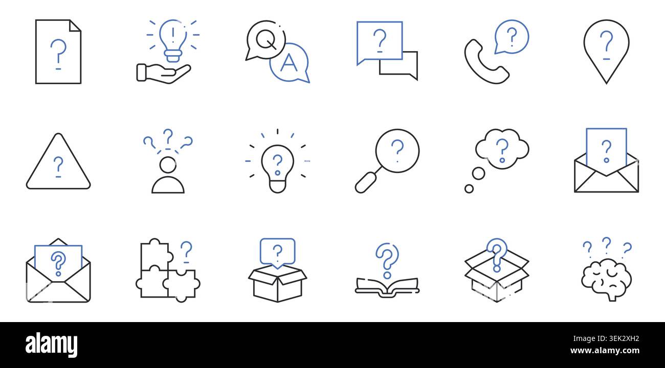 Question and FAQ Flat Line Icons Set Help, Answer, Inquiry, Support, Search, Problem Solving Editable Stroke Vector Illustration Stock Vector