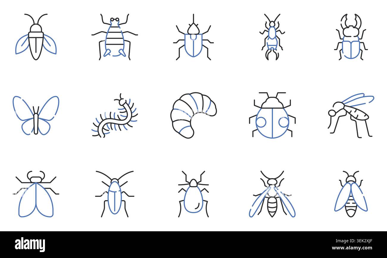 Insects Flat Line Icons Set Bee, Butterfly, Beetle, Ladybug, Firefly, Mosquito, Fly, Centipede and Bug Editable Stroke Vector Illustration Stock Vector