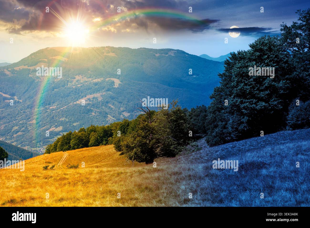 carpathian mountain landscape in summer. day meet night. primeval beech forest on the grassy hill. sun and moon over epic scenery of ukrainian highlan Stock Photo
