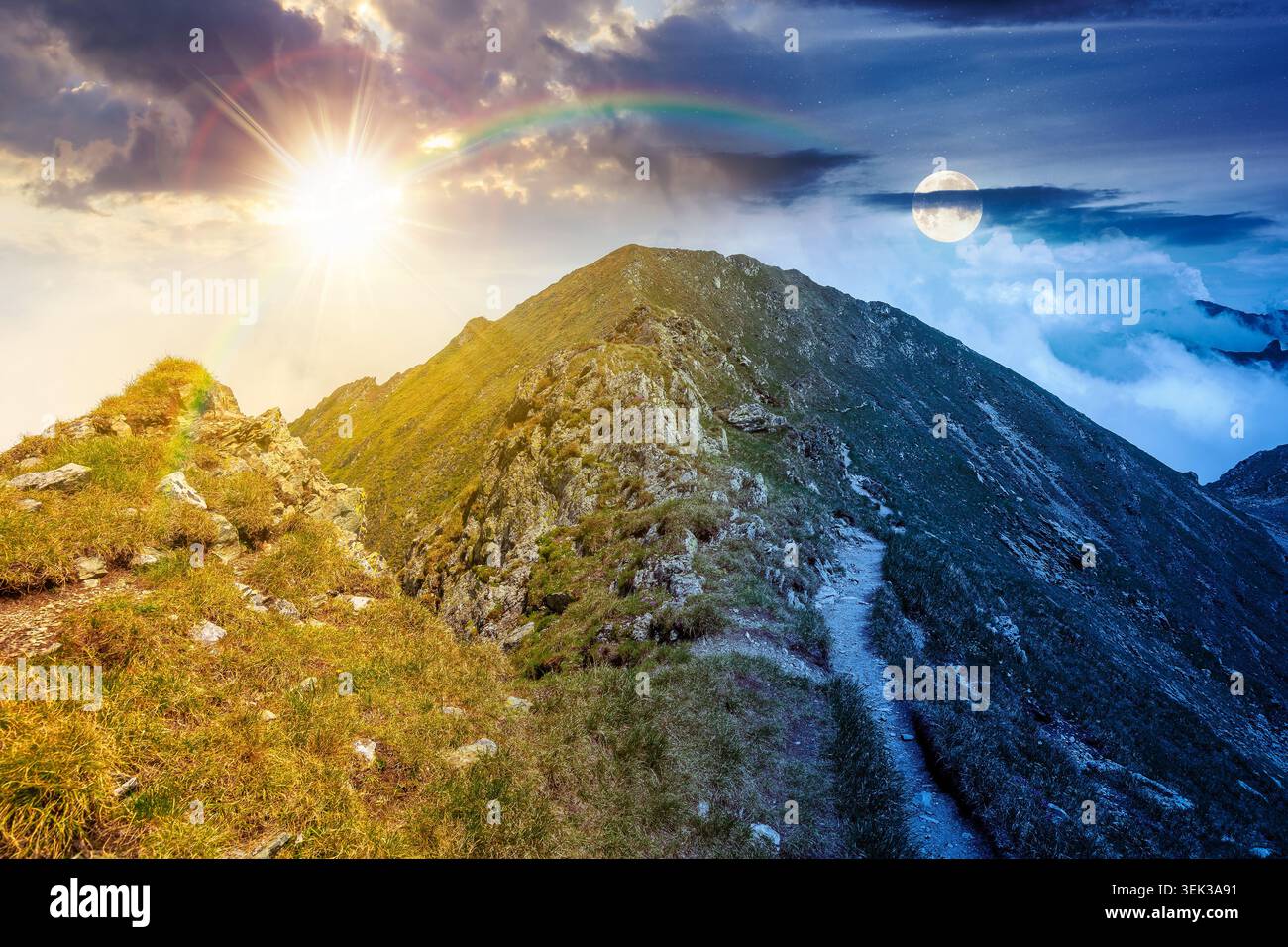 day meet night. mountain scenery on summer solstice. sun and moon over gorgeous mountainous landscape. background with rocky cliffs and grassy hillsid Stock Photo