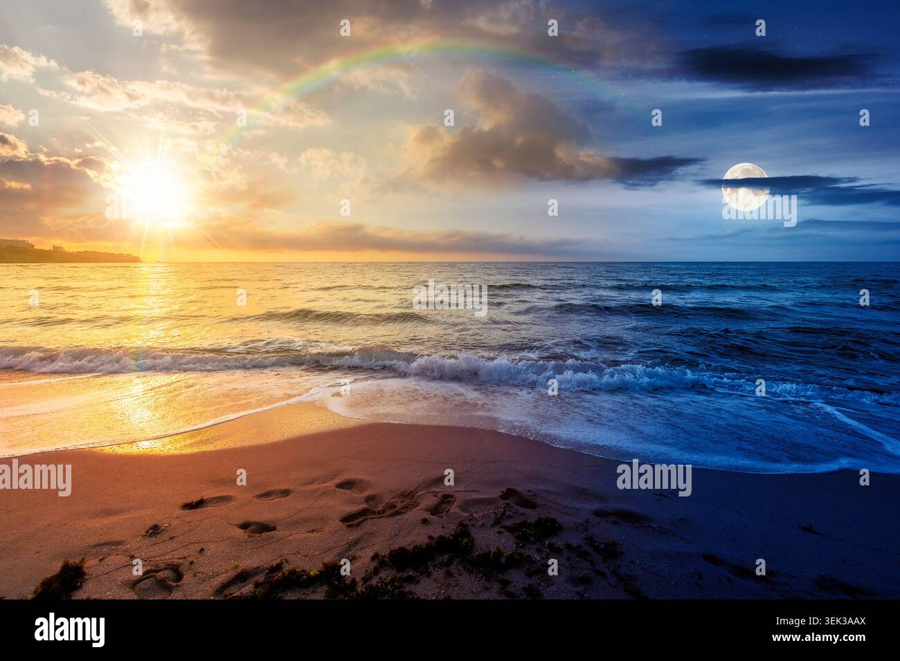 black sea landscape on summer solstice. day meet night. sun and moon over bulgaria nature landscape with sandy beach. vacation at the sea shore concep Stock Photo