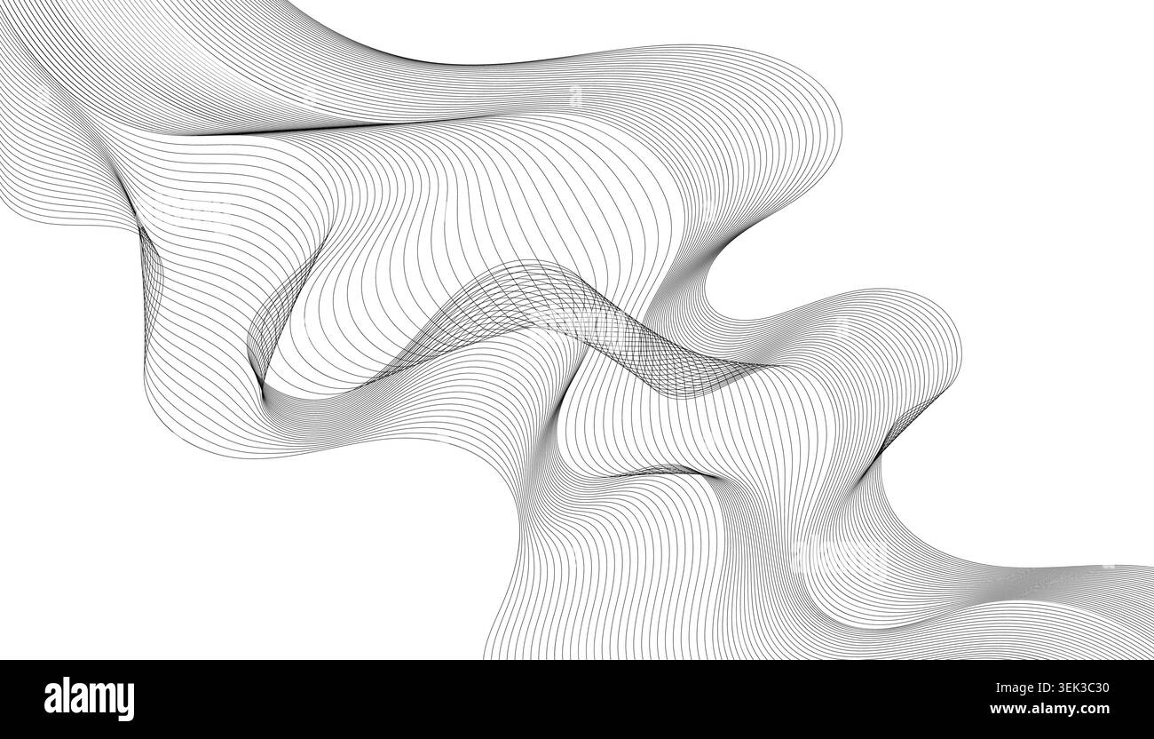 Monochrome digital wave pattern with fluid distorted lines on a clean white background Stock Vector