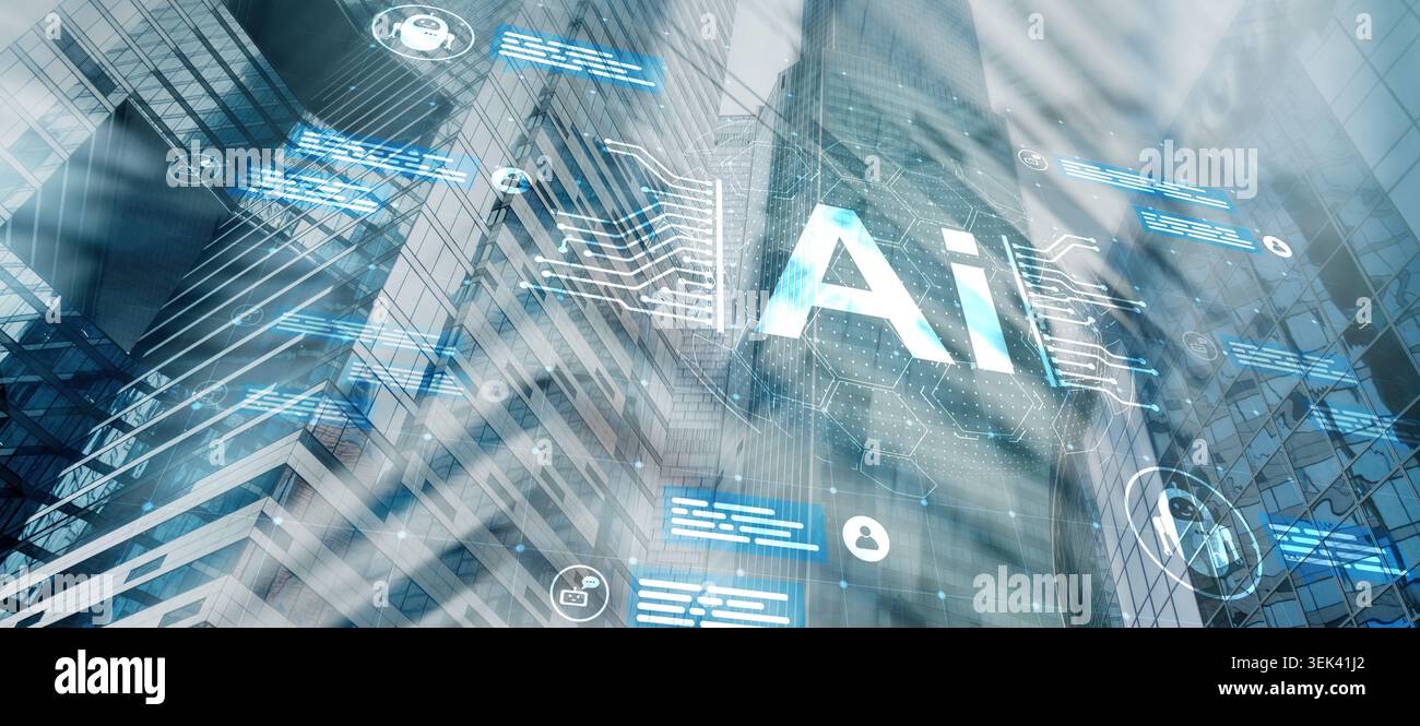 AI technology integration concept showing artificial intelligence embedded in modern smart city. Stock Photo