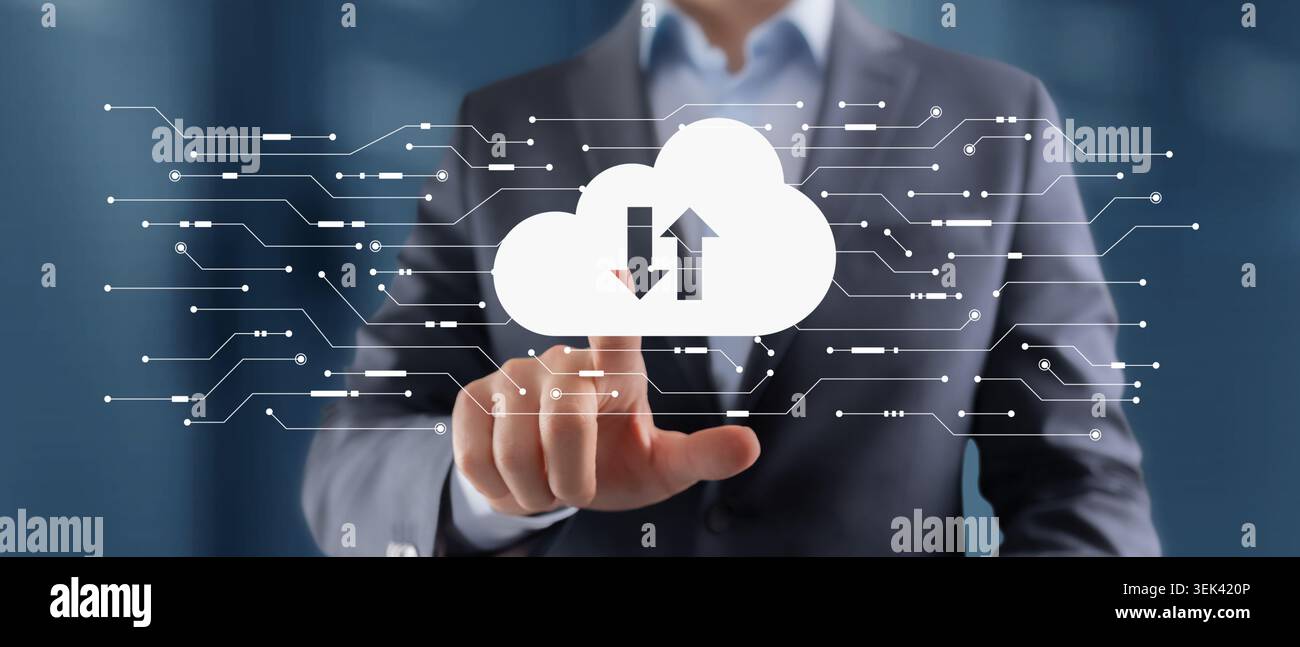 A business professional interacts with cloud computing icons on a digital interface representing data exchange and technology integration in modern bu Stock Photo
