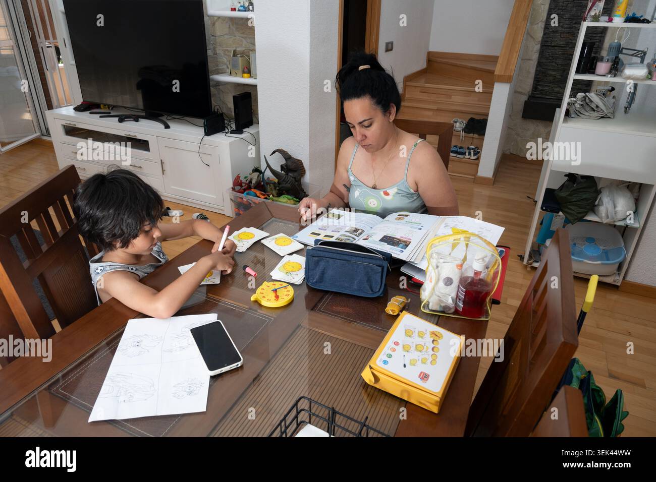 Mother and child doing schoolwork at a dining table Stock Photo