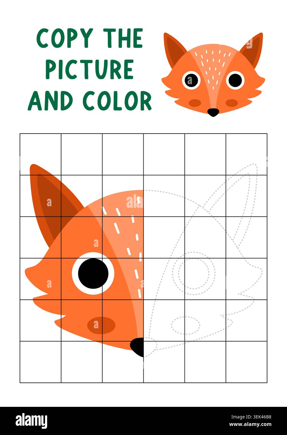 Complete the fox face. Vector symmetrical drawing practice worksheet. Printable woodland coloring activity for kids. Draw the second half. Copy the pi Stock Vector