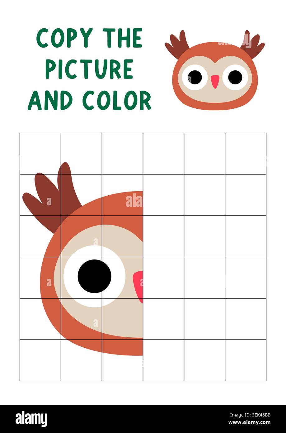 Complete the owl face. Vector symmetrical drawing practice worksheet. Printable woodland coloring activity for kids. Draw the second half. Copy the pi Stock Vector