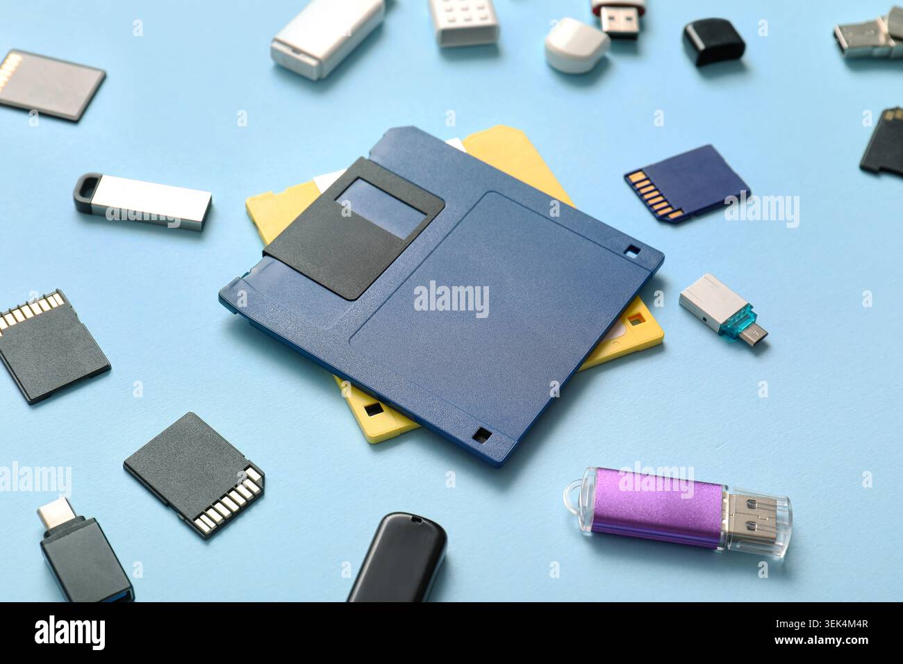 Composition with floppy disks, USB flash drives and SD cards on blue background Stock Photo