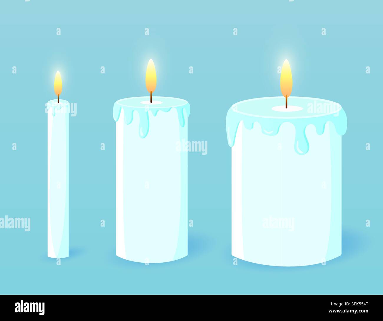 3 candles of different sizes on blue background. Vector design. Stock Vector