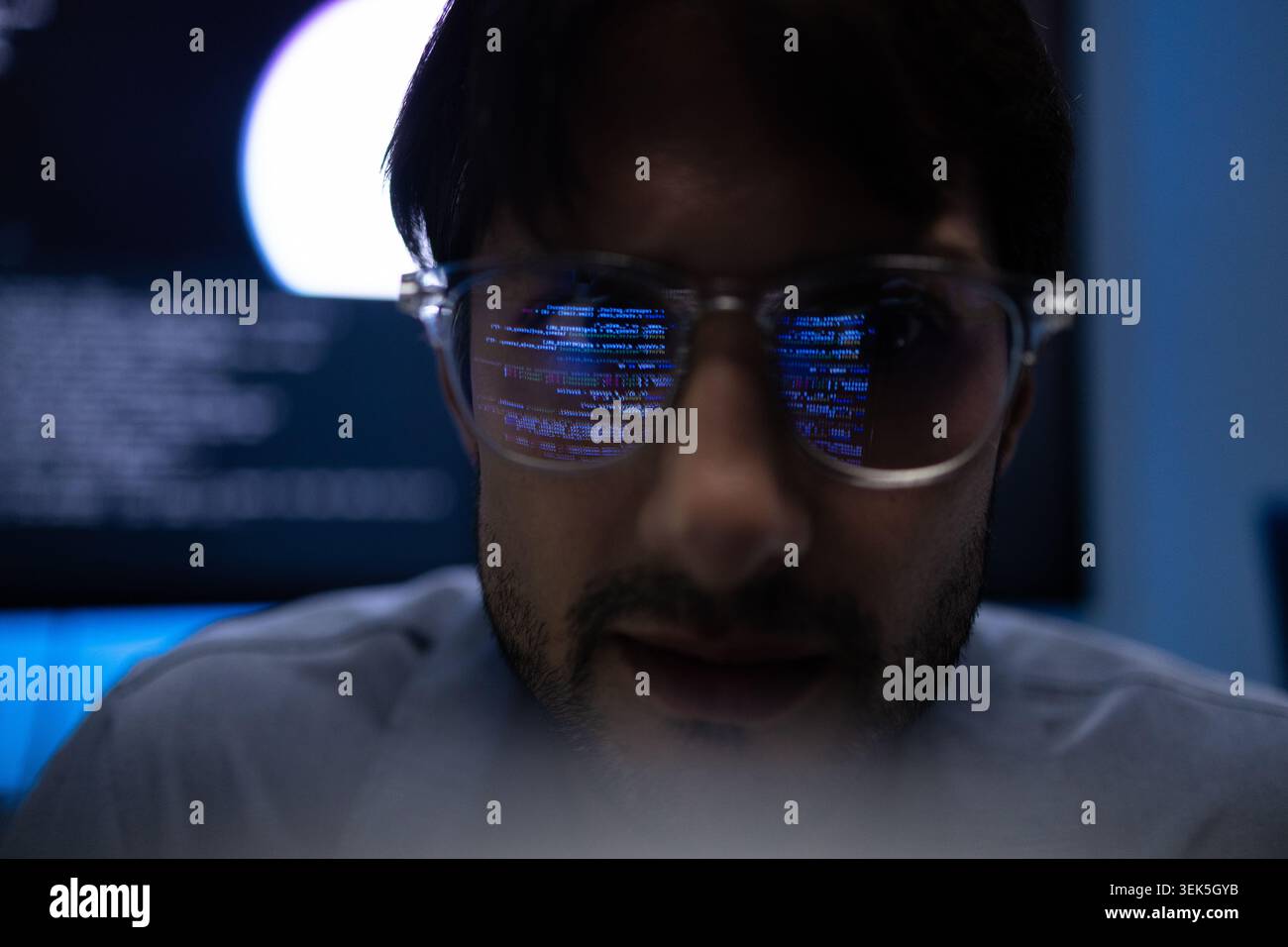 Young Latin Programmer Glasses With Code Reflection On Lens Stock Photo