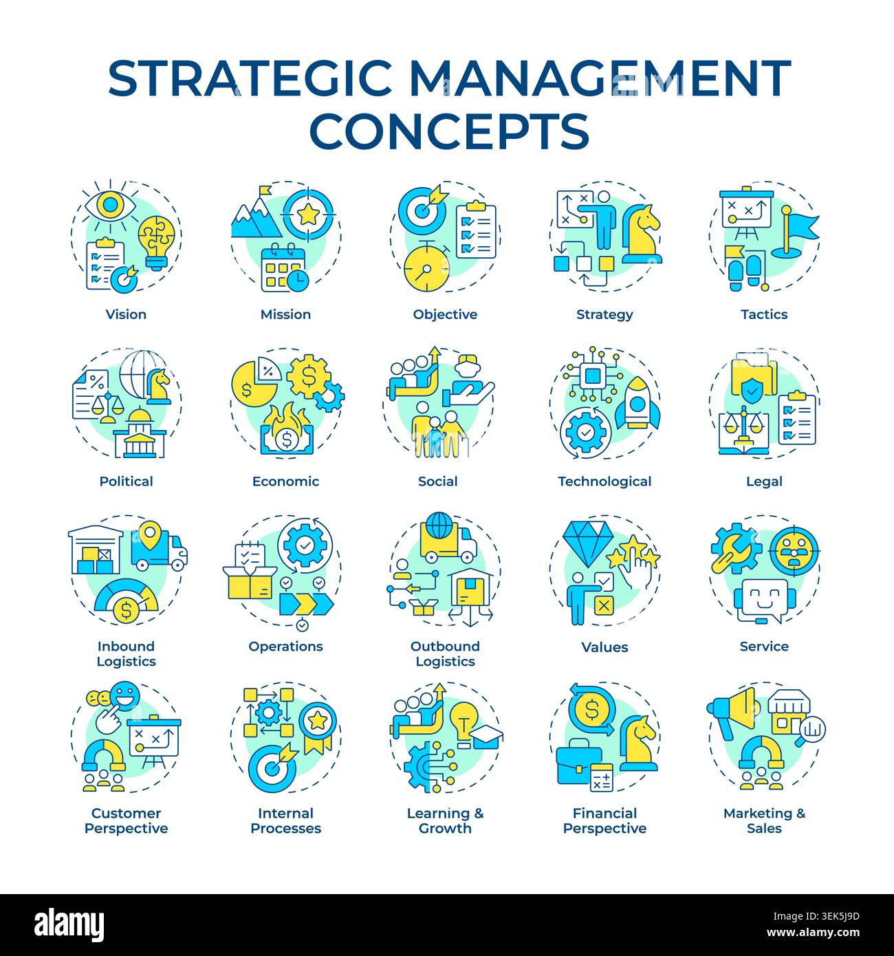 Strategic management multi color concept icons Stock Vector