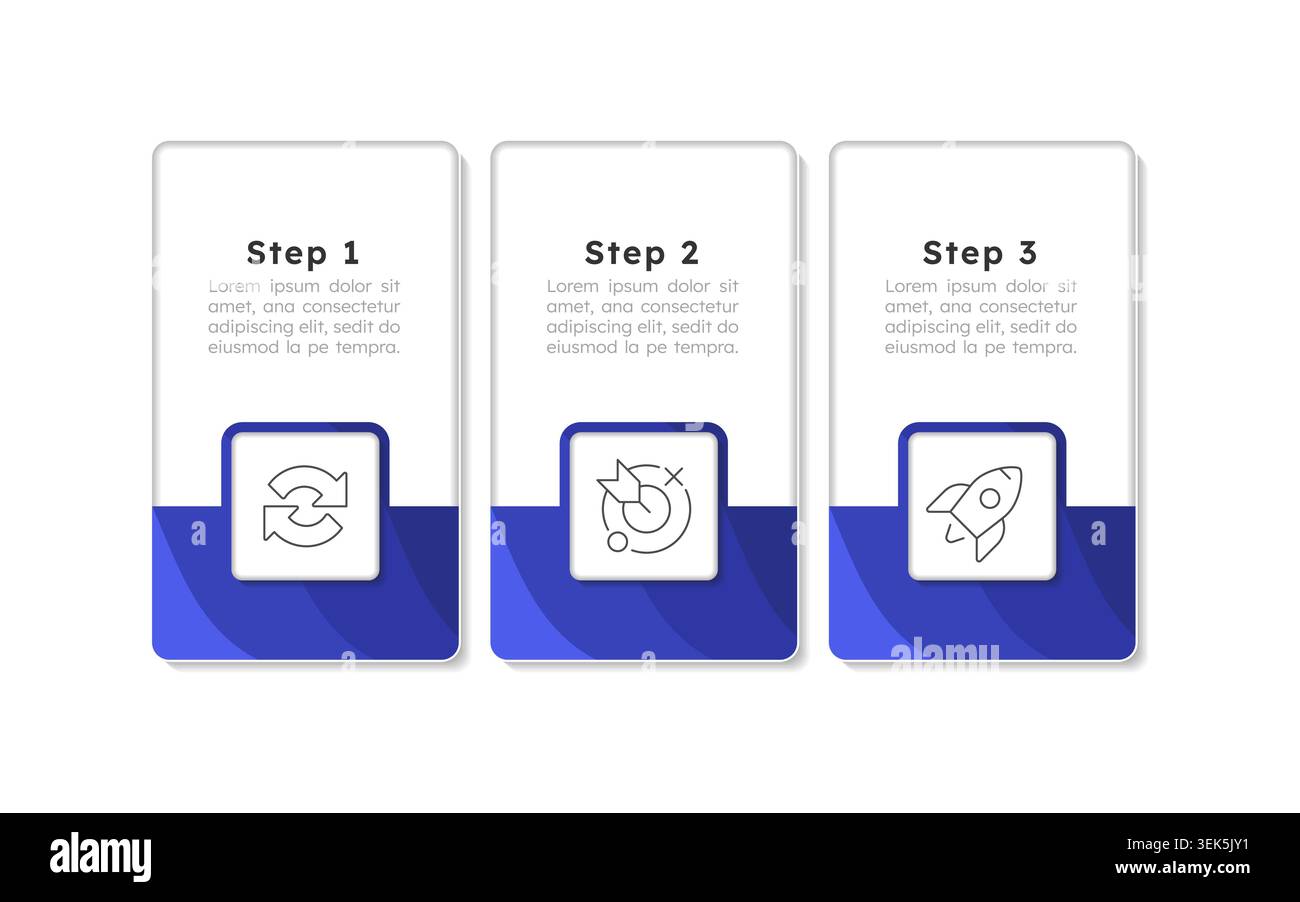 Company development rectangle blue horizontal infographic 3 steps Stock Vector