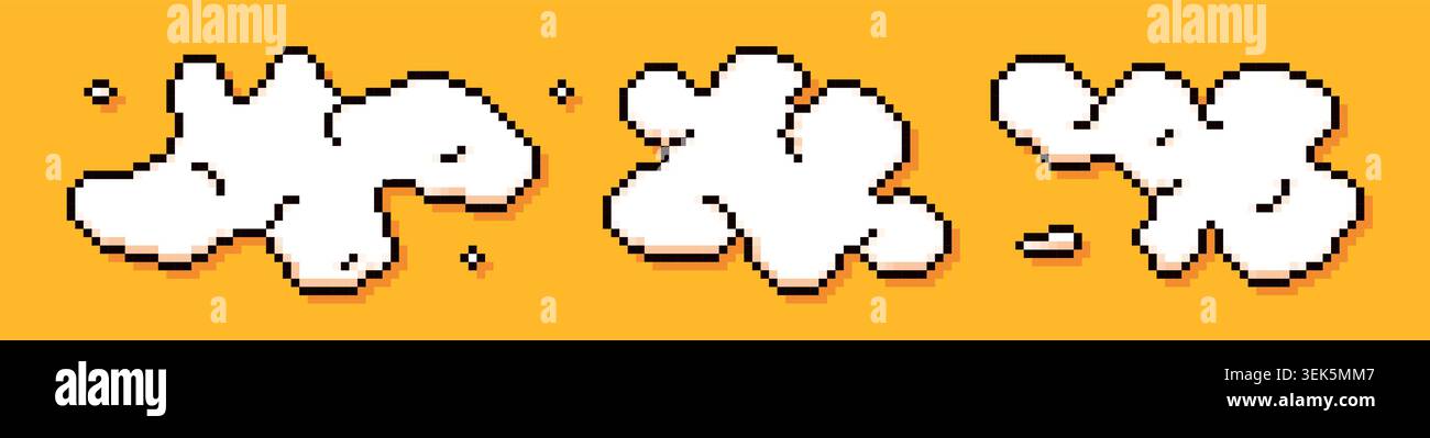Three pixel game art white clouds on yellow background. Stock Vector