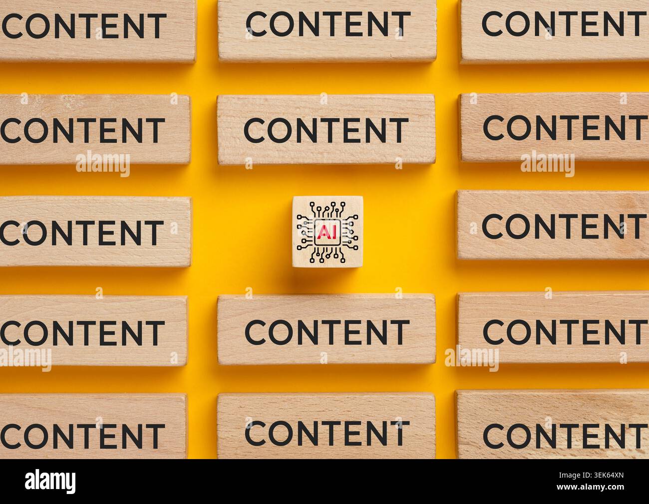Artificial intelligence block surrounded by content blocks, illustrating AI generated content and digital information Stock Photo