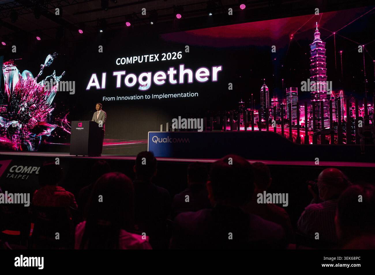 James Chen, Chairman of Taipei Computer Association speaking on stage ...