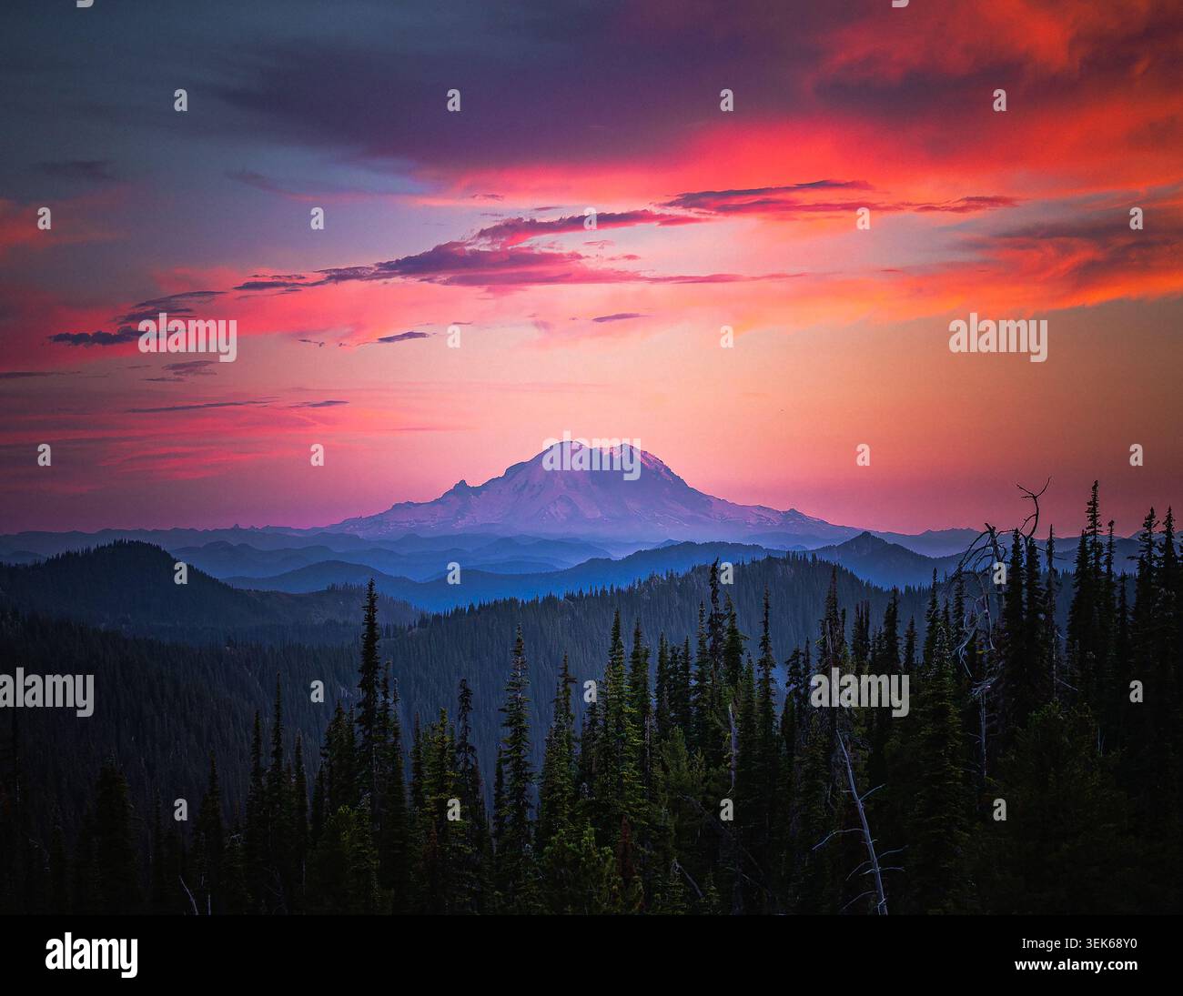 Dramatic pink sunset over Mount Rainier Stock Photo