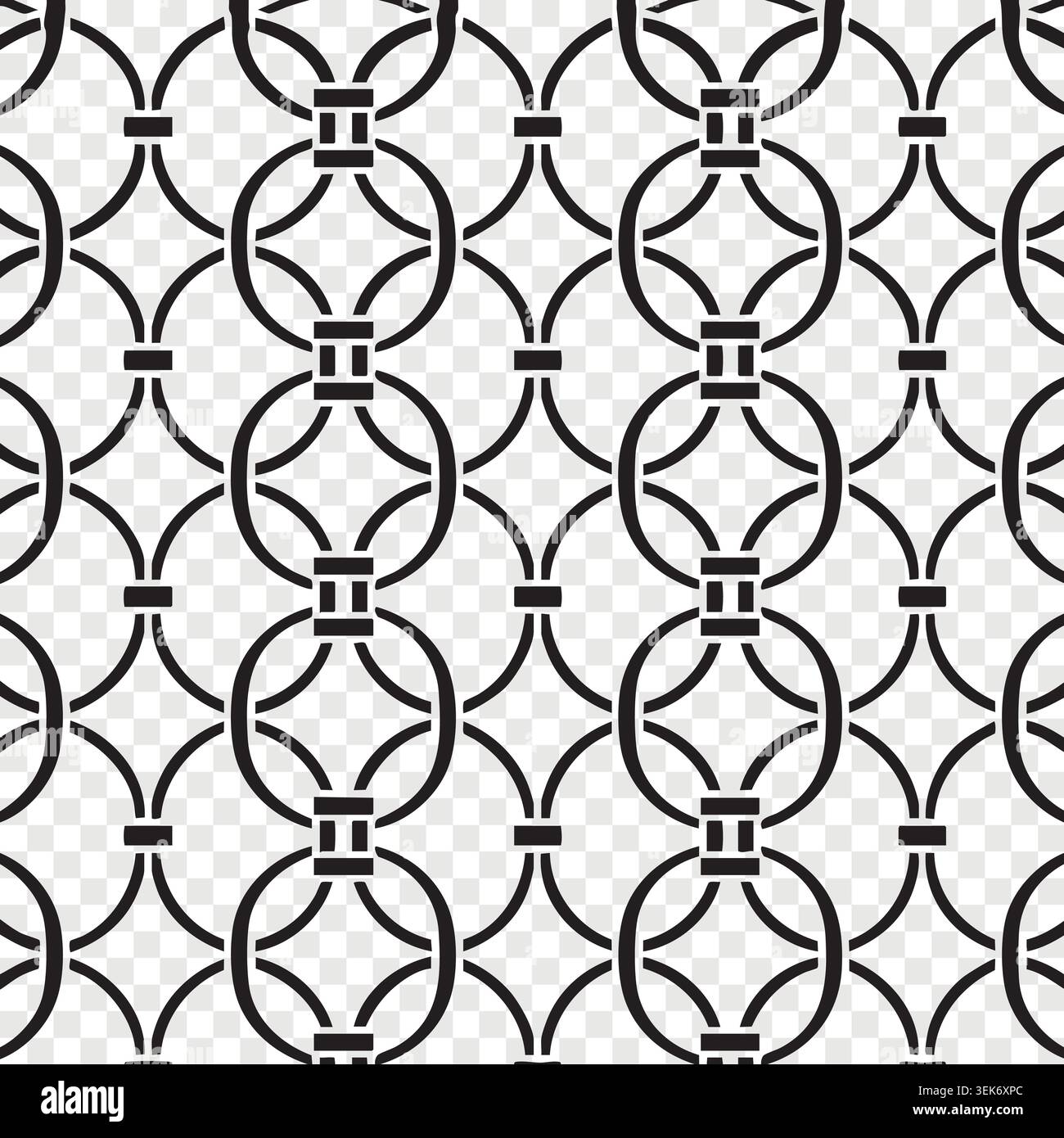 Black and white seamless geometric pattern with interlocking circles and linear squares repeating background Stock Vector