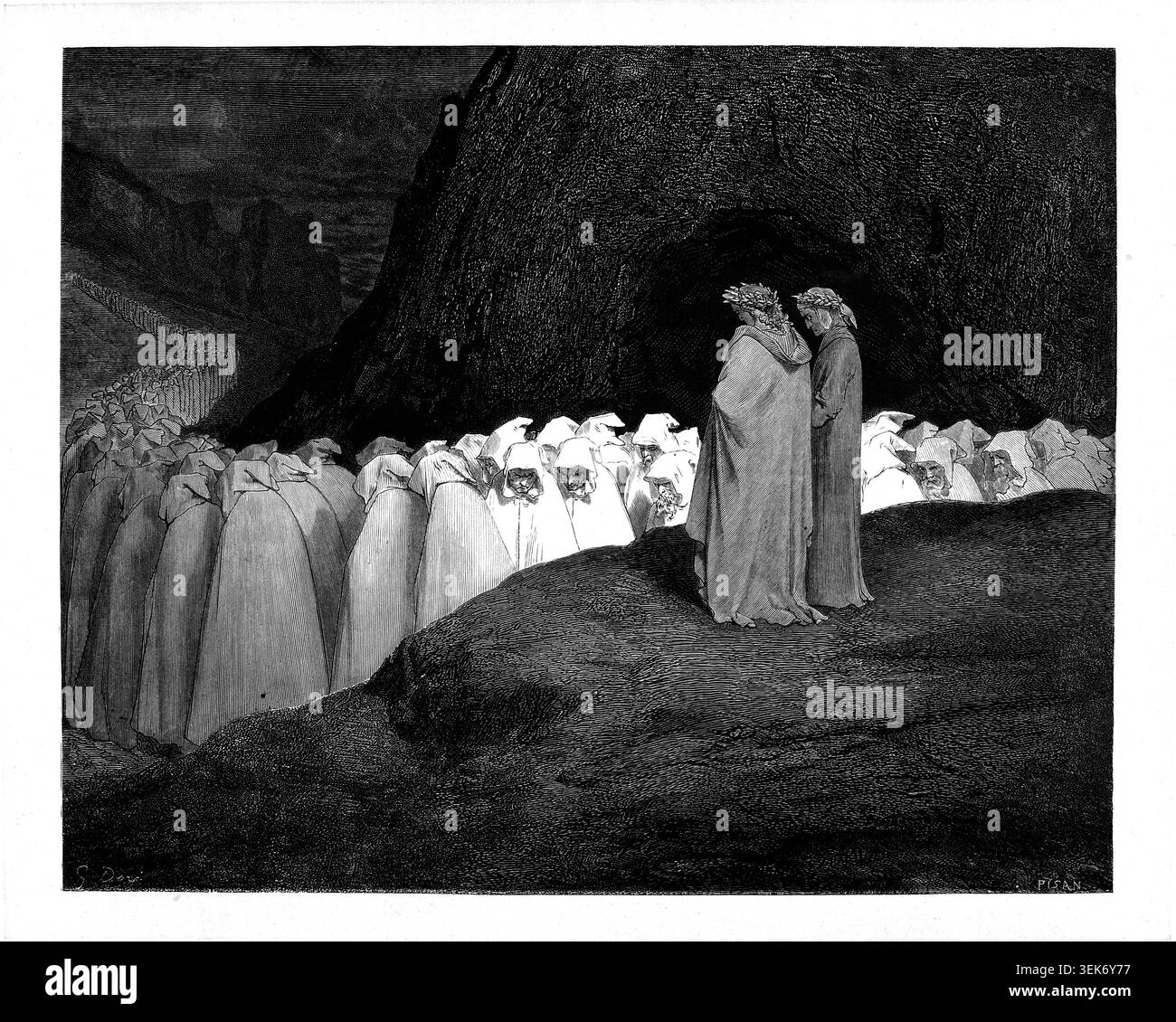 Long Hide Leaden Roding Dante Alighieri and Virgil stand on a dark rocky outcrop, observing a ...