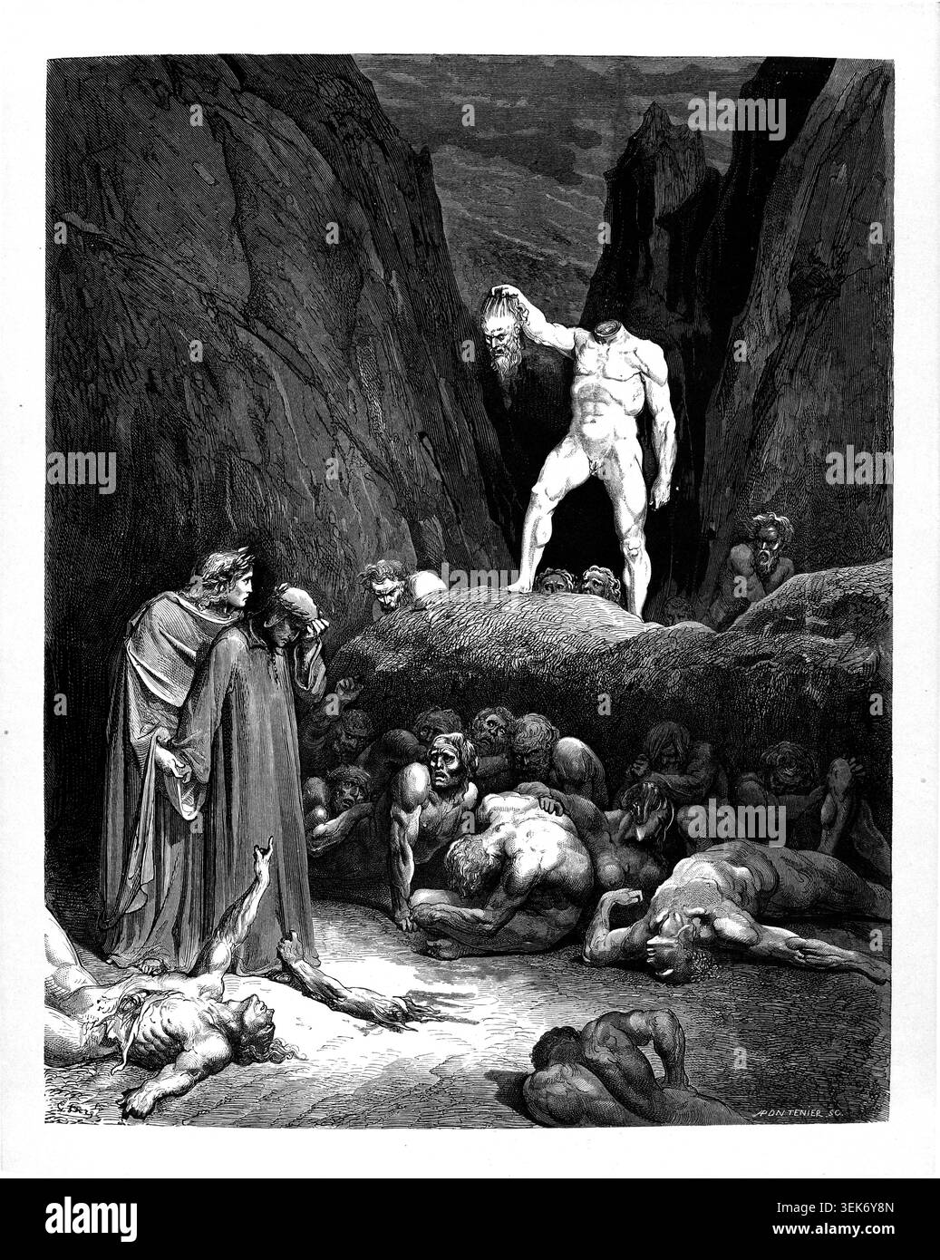 Dante Alighieri and Virgil are observing sinners in a dark chasm of ...