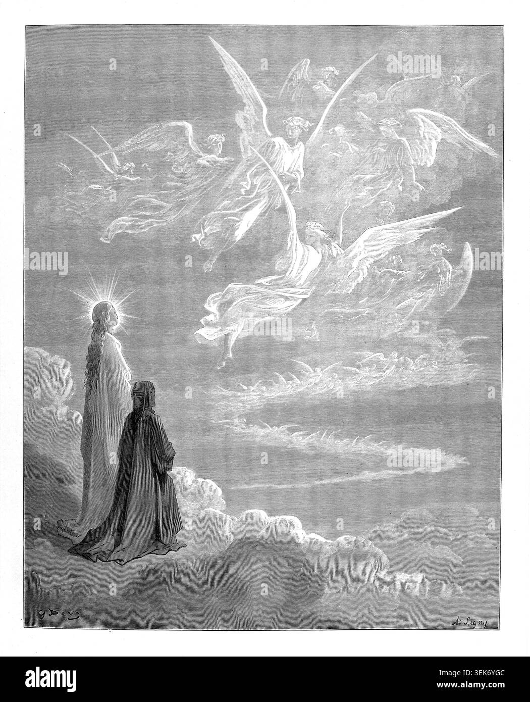 Dante Alighieri and Beatrice Portinari standing on clouds, looking up ...