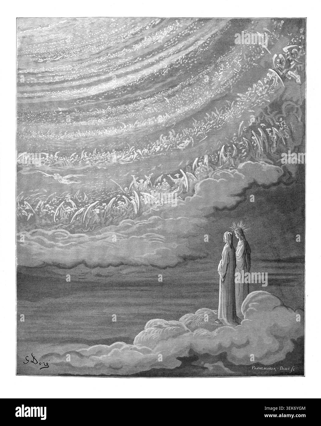 Dante and Beatrice stand on clouds, gazing at a luminous host of angels ...