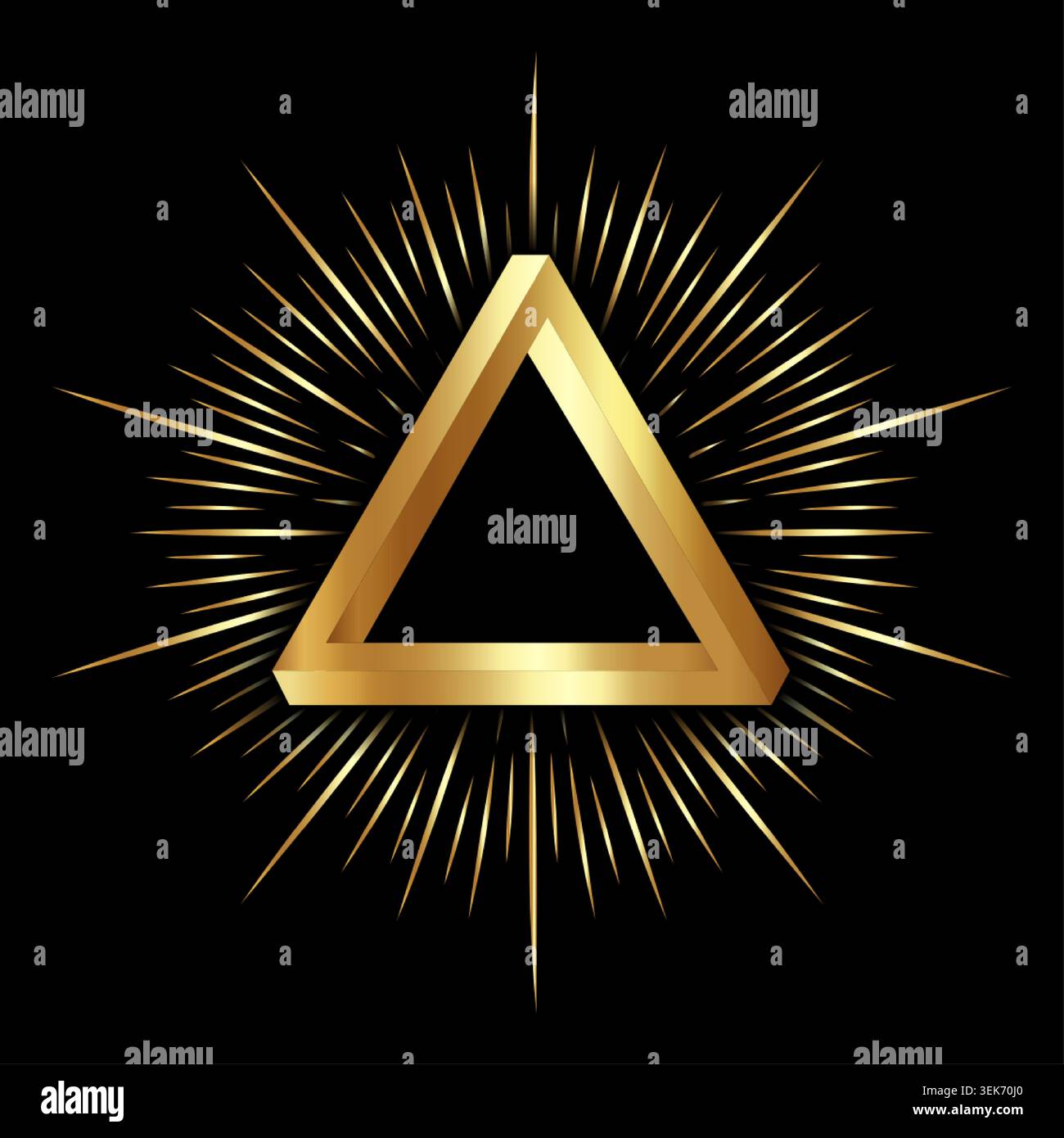 Sacred Geometry, gold mystical infinity symbol, Impossible triangle. Penrose optical illusion. Vector illustration isolated on black background Stock Vector