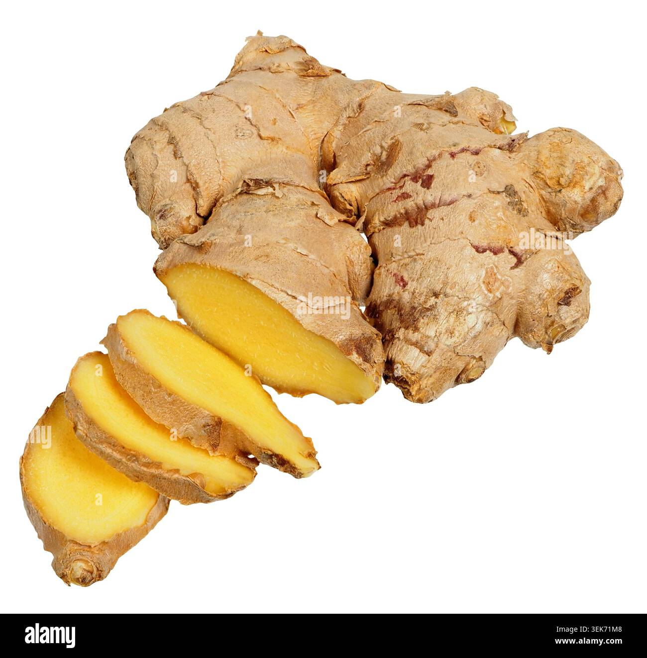 Big ginger root and slices on white background Stock Photo