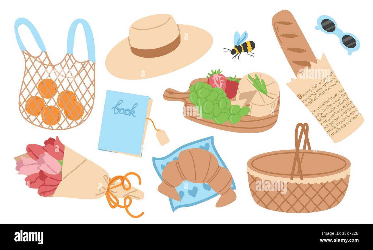 Summer Picnic Vector Set with Cute Hand Drawn Elements Isolated on White Stock Vector