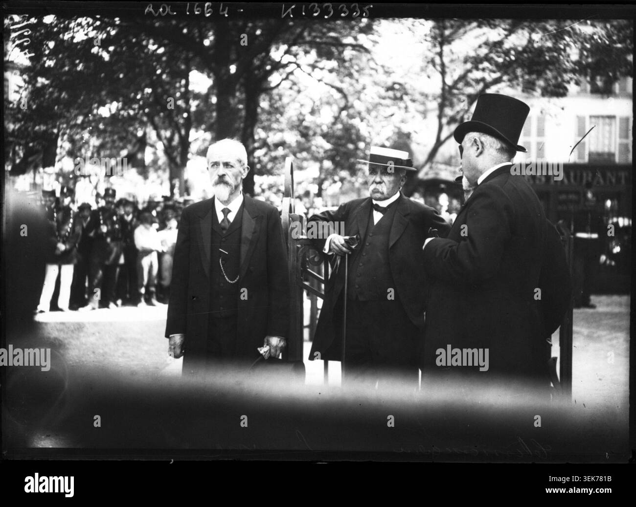 Georges Clemenceau and Louis Lépine attend the inauguration of a Diplodocus at the National Museum of Natural History in Paris on 15 June 1908. The press photograph commissioned by Agence Rol records participants in a notable scientific and civic event. Stock Photo