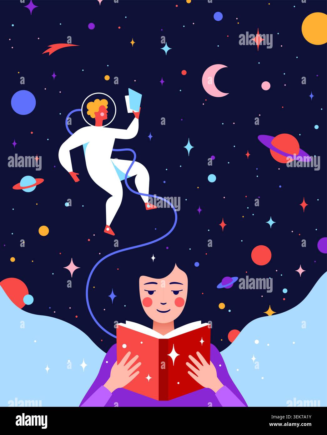 Book, Imagination, Dreams. Girl reading Stock Vector