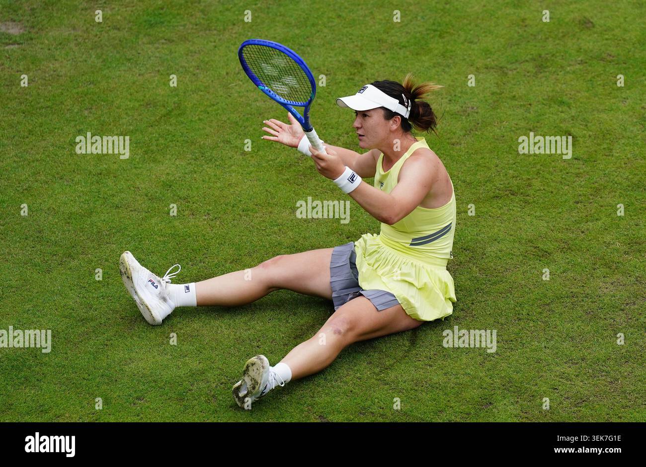 Lulu Sun of New Zealand after slipping against Mary Stoiana of United States on day three of the Lexus Birmingham Open Championships at Edgbaston Priory Club, Birmingham. Picture date: Monday June 1, 2026. Stock Photo