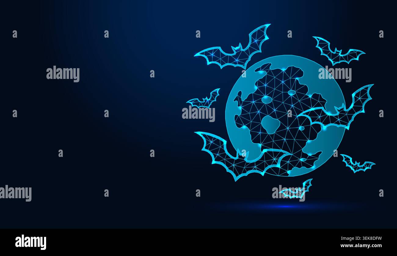 Low poly wireframe bats flying around full moon on dark blue background. Stock Vector