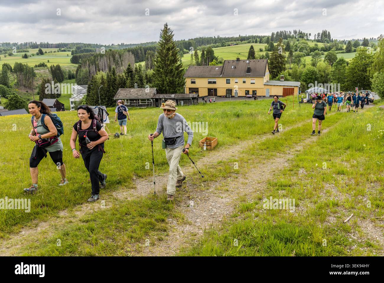 A group of hikers climbing through meadows during the 14th Frankenwald Hiking Marathon, typical Frankenwald hilly landscape, Tettau, Bavaria, Germany Stock Photo