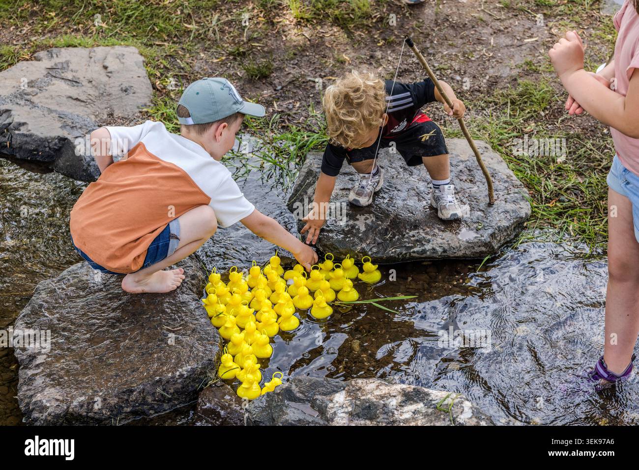 Children are arranging plastic ducks in a stream along the route of the 14th Frankenwald Hiking Marathon. A duck fishing game for adult hikers had originally been planned at this stop in Pressig, Bavaria, Germany Stock Photo