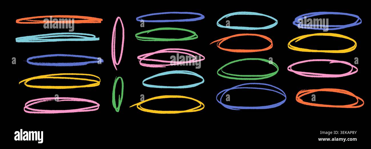 Bright colorful crayon ovals and ellipses set on black background. Hand drawn scribble highlight circles, sketch frames and doodle marks. Vector annotation elements for text emphasis, labels, notes Stock Vector
