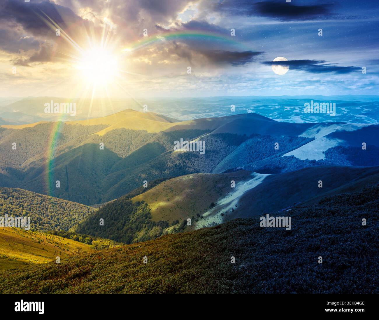 epic mountain landscape in summer. day meet night. travel ukraine background. sun and moon over rolling hill in dappled light. scenic view of borzhava Stock Photo
