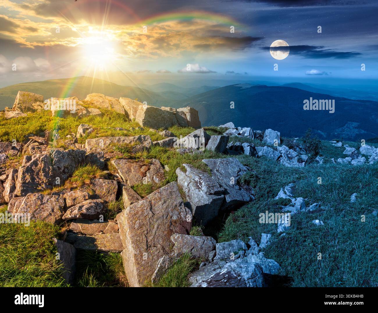 day meet night in mountain landscape with stones and grass. view of mountains on summer solstice. sun and moon over white sharp stones on the rolling Stock Photo