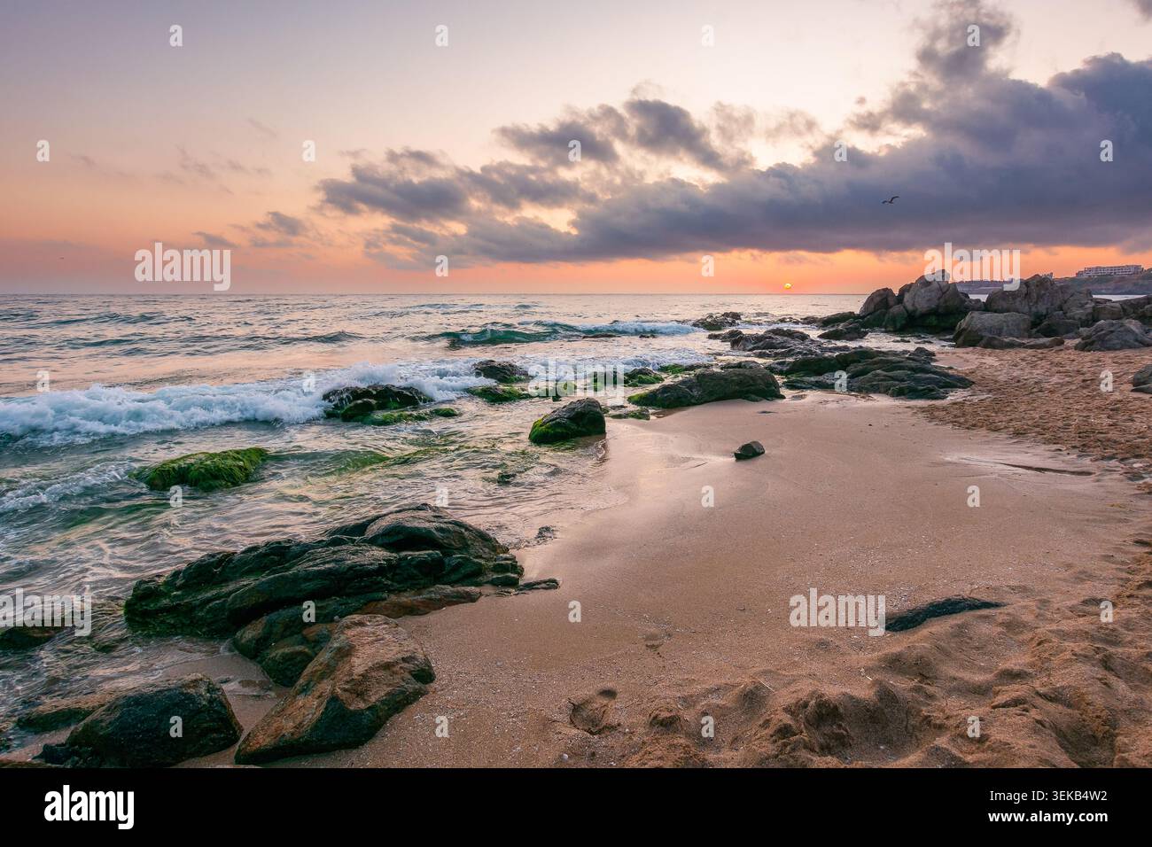 huge stones on a sandy beach at sunrise. wonderful summer vacation season at the black sea. calm waves washing the sand shore. nature background with Stock Photo