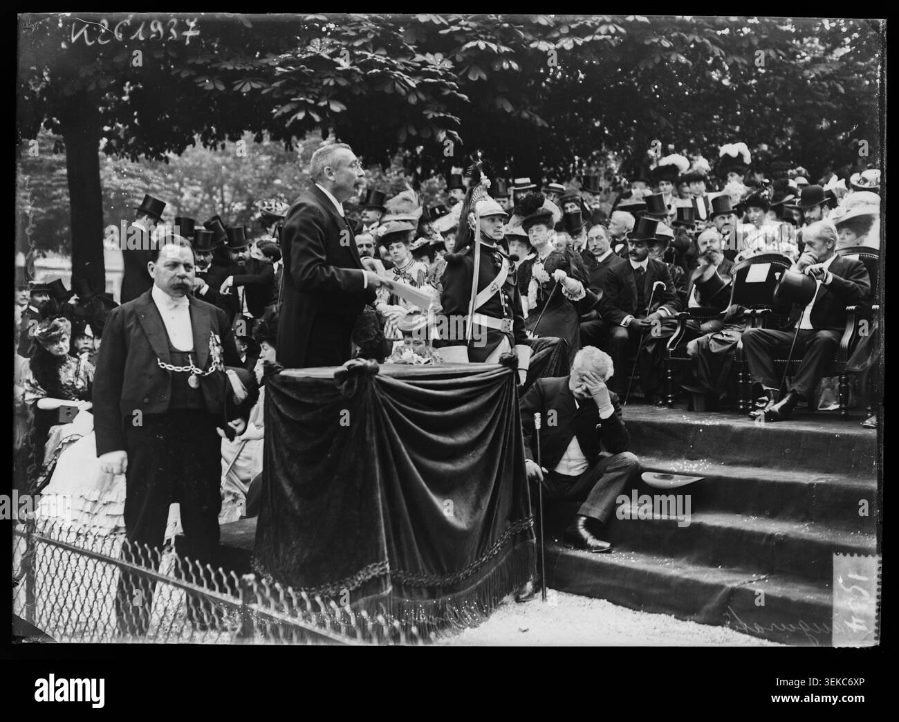 Louis Lépine and Henry Roujon attend an inauguration in Paris, 1906. The press photograph records French officials during ceremonial events in the 17th district of Paris. Stock Photo