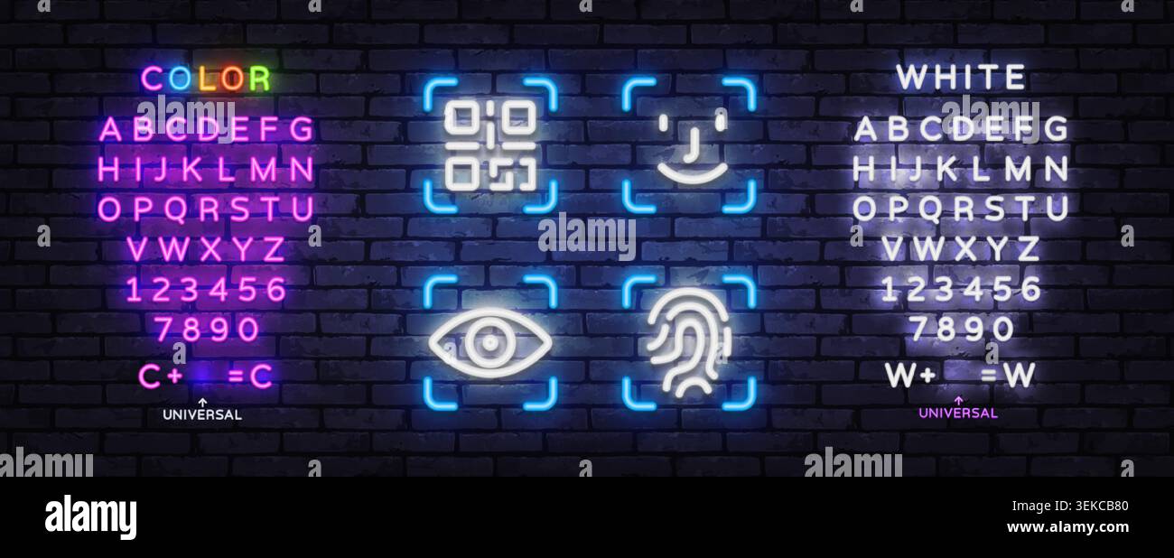 Neon biometric authentication collection featuring QR code scan, face recognition, eye scan, and fingerprint icons, accompanied by editable neon text Stock Vector