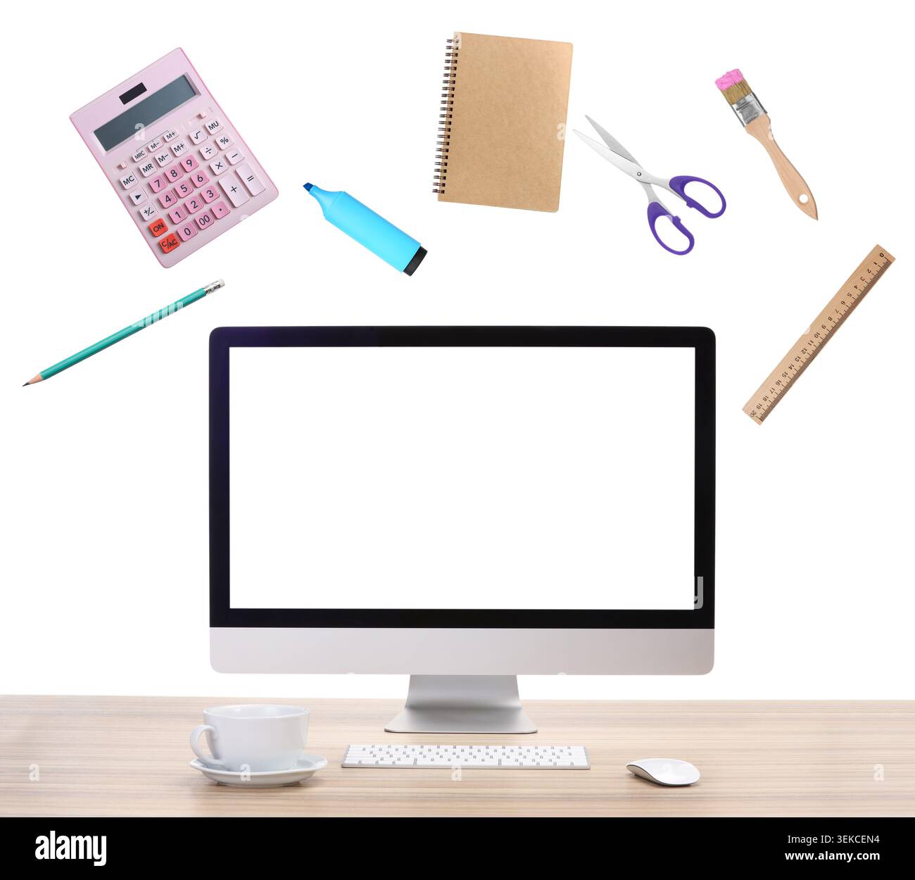 Web design tools flying around computer. Creative designer workspace Stock Photo