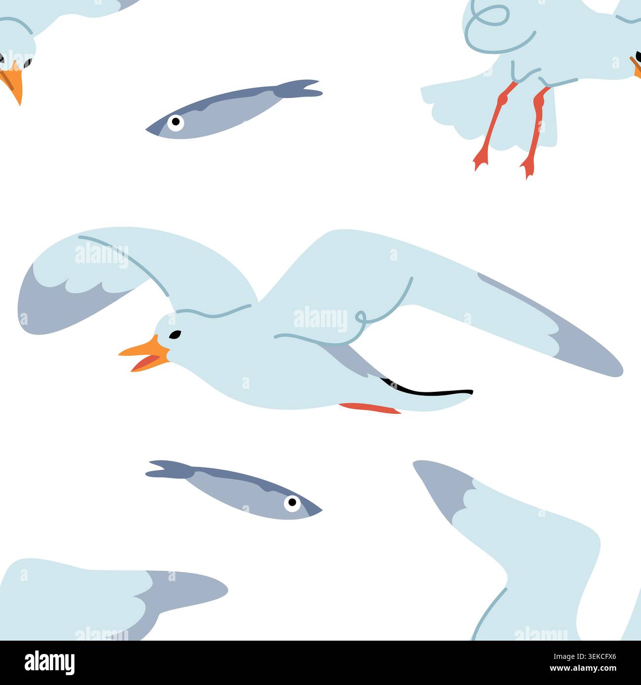 Seamless Pattern with Flying Seagulls and Small Fish on White Background. Marine Vector Illustration Stock Vector