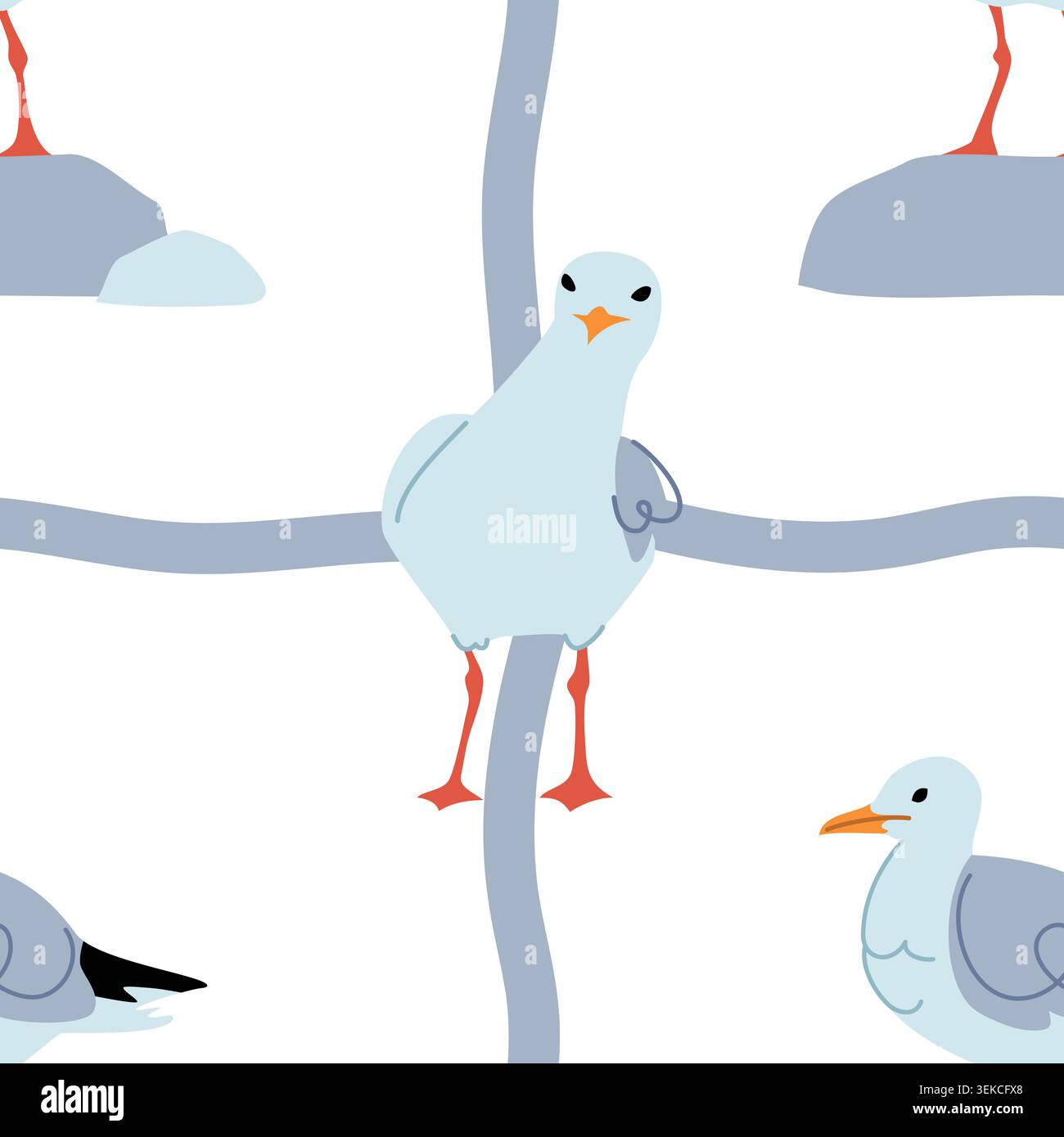 Seamless Pattern with Seagulls Sitting on Rocks. Marine Bird Vector Background Stock Vector