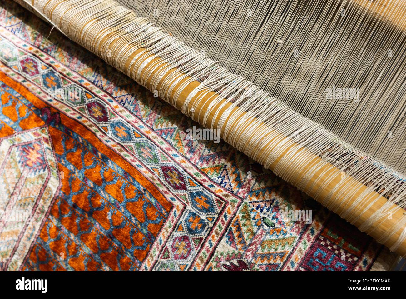 handwoven rug warp threads closeup