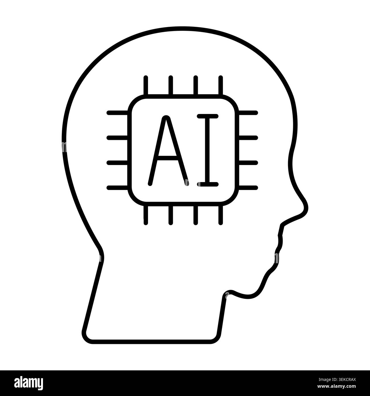 Schematic human head silhouette with microchip labeled AI inside. Vector line art illustration for artificial intelligence Stock Vector