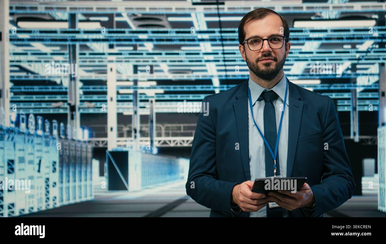 Monitoring system, AR simulation and engineer portrait in data center, identifying performance bottlenecks. Implementing optimizations, VFX compositing and worker in server farm using device, camera A Stock Photo
