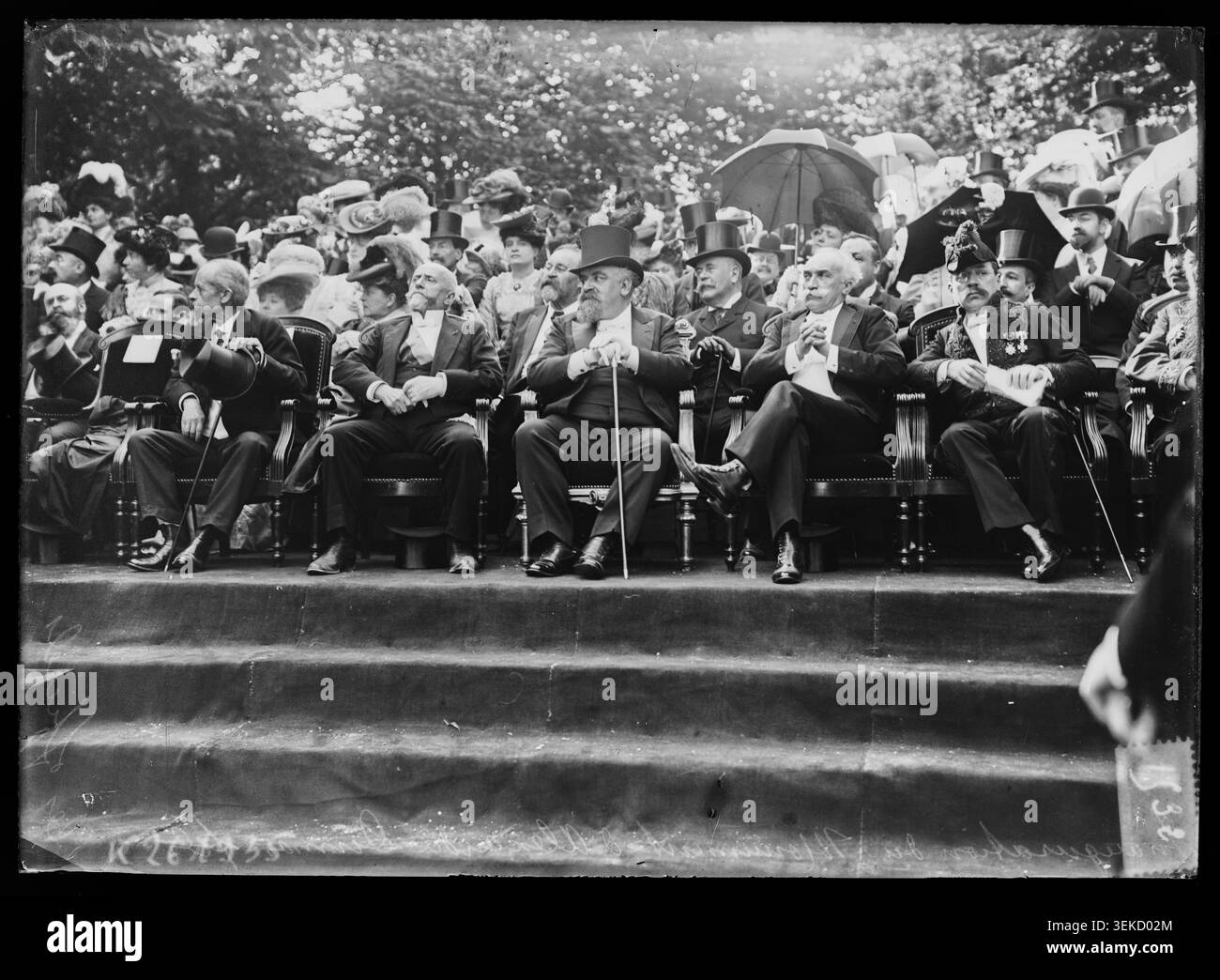 Henri Dujardin-Beaumetz stands with officials during the inauguration of the monument to Alexandre Dumas fils at Place Malesherbes in Paris on 12 June 1906. The press photograph records an official public ceremony. Stock Photo
